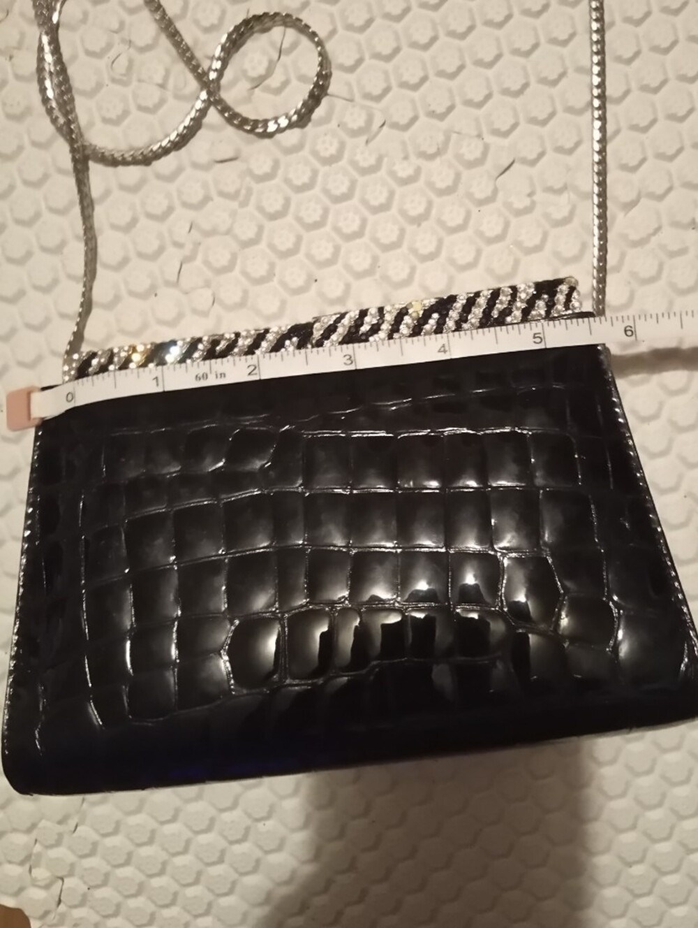 Isabella Adams New York Black Patent Croc-Embossed Evening Clutch - Picture 5 of 7
